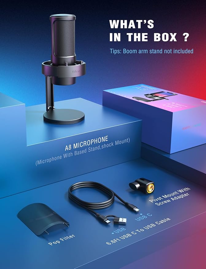 FIFINE Gaming Microphone, USB PC Mic for Streaming, Podcasts, Recording, Condenser Computer Desktop Mic on Mac, with RGB Control, Mute Touch, Headphone Jack, Pop Filter, Stand-AmpliGame A8