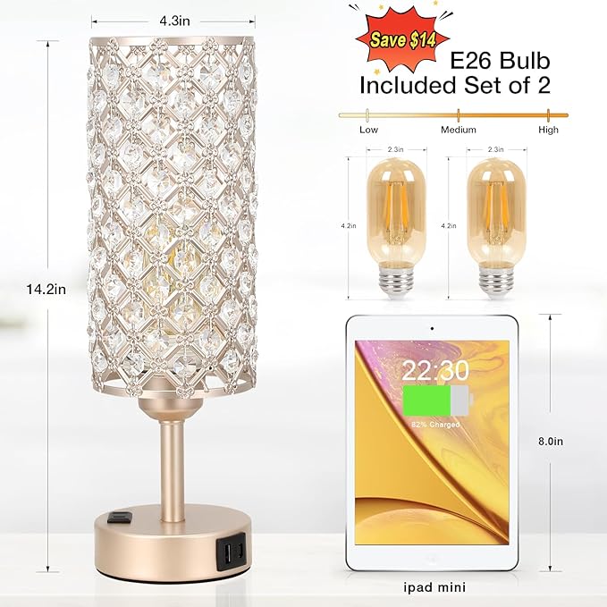 Hong-in Touch Table Lamps for Bedrooms Set of 2-3 Way Dimmable Champagne Gold Crystal Lamps with Crystal Shade, Bedside Nightstand Lamp for Living Room Bedroom Home Office