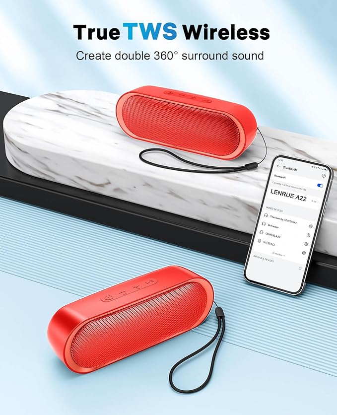 LENRUE Bluetooth Speakers, Waterproof Portable Speakers with TWS, 24 Playtime, Stereo Sound, Wireless for Home Shower Pool Beach Outdoor (Red)