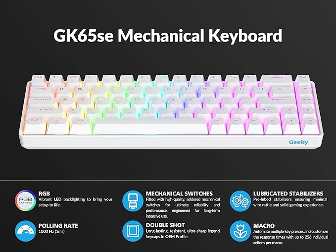 Geeky GK65 SE 65% | Mechanical Gaming Keyboard | 68 Keys Multi Color RGB LED Backlit for PC/Mac Gamer | ANSI US American Layout (White, Mechanical Speed Silver)