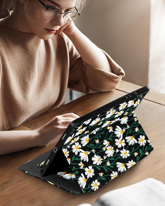 Uppuppy for Samsung Galaxy Tab A9 Plus Case 11'' - Women Girls Cute Embroidered Folio Stand Cover with Pencil Holder & Card Slot Girly Black Daisy Floral Design Aesthetic Cases for Samsung Tab A9 Plus