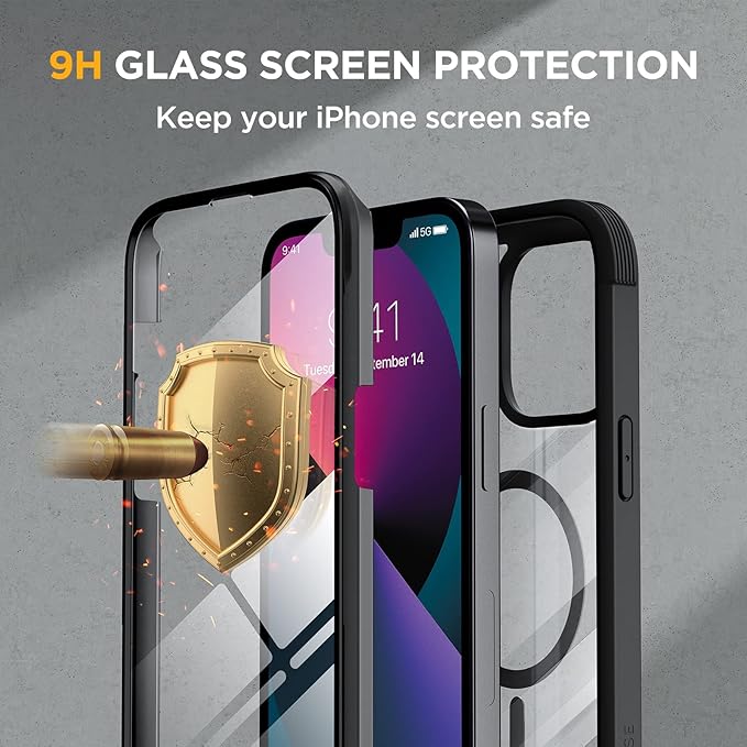 Miracase for iPhone 13 mini Case 5.4",Full-Body Protection,Clear Bumper Case with Built-in 9H Tempered Glass Screen Protector,Military-Grade Drop Protection Outdoor Phone Case for iPhone 13 mini,Black