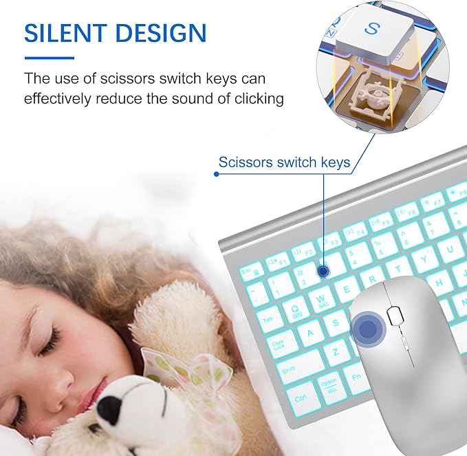 TopMate Wireless Keyboard and Mouse Ultra Slim Combo, 2.4G Silent Compact USB 2400DPI Mouse and Scissor Switch Backlit Keyboard Set, for PC/Laptop/Windows/Mac/Gaming - Silver White