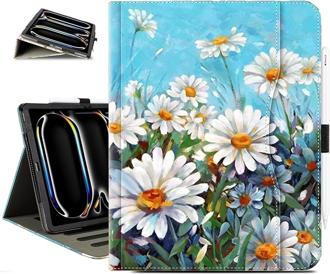 Vimorco for iPad Pro 13 Inch Case, for iPad Air 13 Inch Case, Fit for iPad Pro 12.9 Cases 6th/5th/4th/3th Generation 5 Stand Angles/Typing Stand/Pencil Holder/Card Pockets, White Daisy Flowe