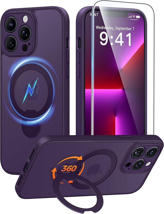 FNTCASE for iPhone 13 Pro Case: [360 Spin Magnetic Stand] [Compatible with Magsafe] [Screen Protector] Translucent Matte Military Grade Shockproof Full Camera Protective Phone Cover - Purple