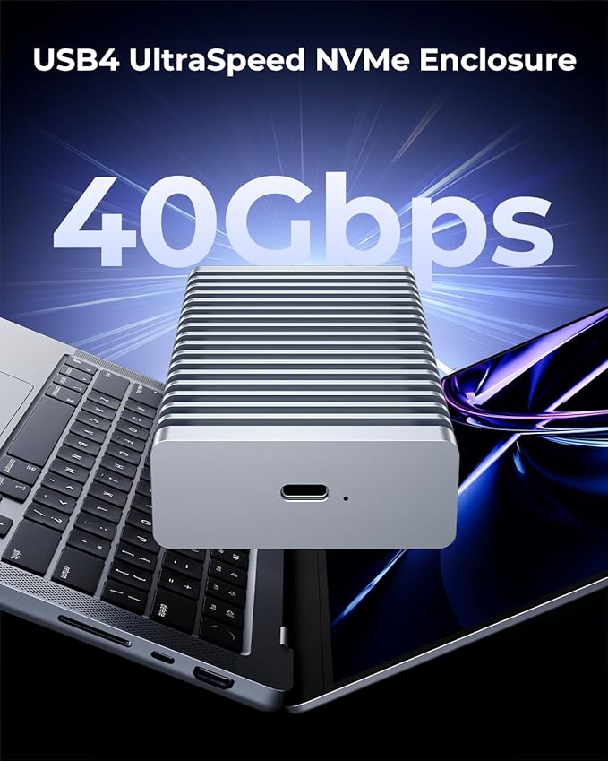 RayCue 40Gbps M.2 NVMe Enclosure with Aluminum Double-Sided Fin Heat Dissipation, External SSD Case for Mac, Windows, Compatible with USB 4/3.2/2.0 (SSD Not Included)
