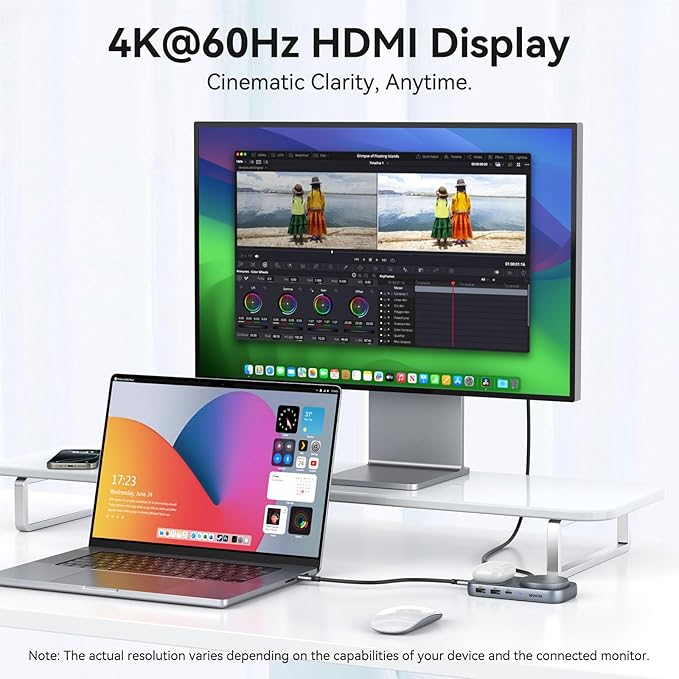 MOKiN USB C Hub with 15W Qi2 Wireless Charger, Laptop Docking Station to 4K HDMI, 100W PD, 10Gbps Ports, 15W+5W Wireless Charging Stand for iPhone 16/15/14/13 & Airpods, USBC Dock for MacBook/Windows
