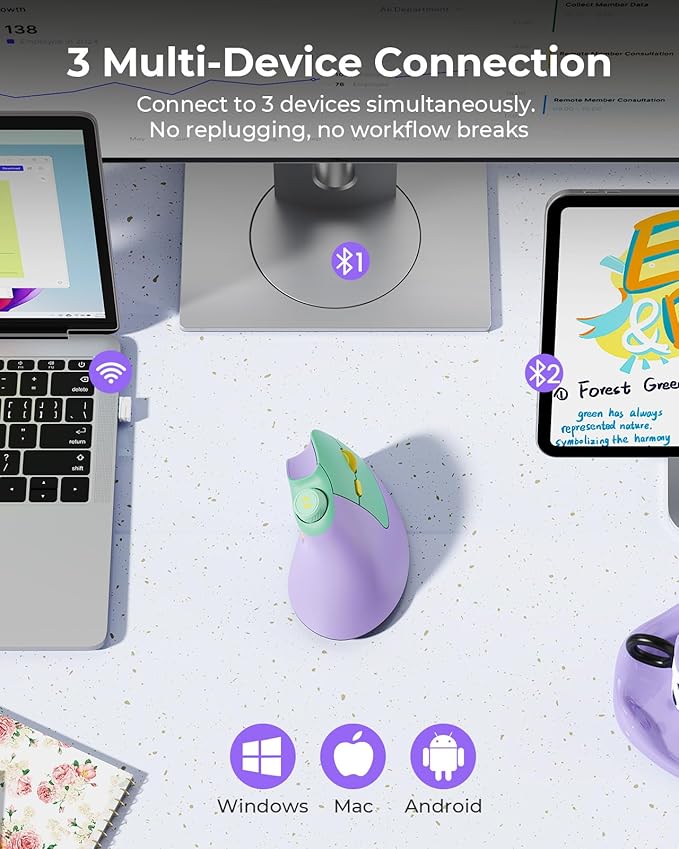 seenda Ergonomic Mouse Wireless, MOU-302 Bluetooth Vertical Mouse Rechargeable, Volume Knob, Silent Mice & 1000/1600/2400 DPI, 3 Multi-Device Connection for Windows/PC/Laptop/Mac/MacBook, Purple