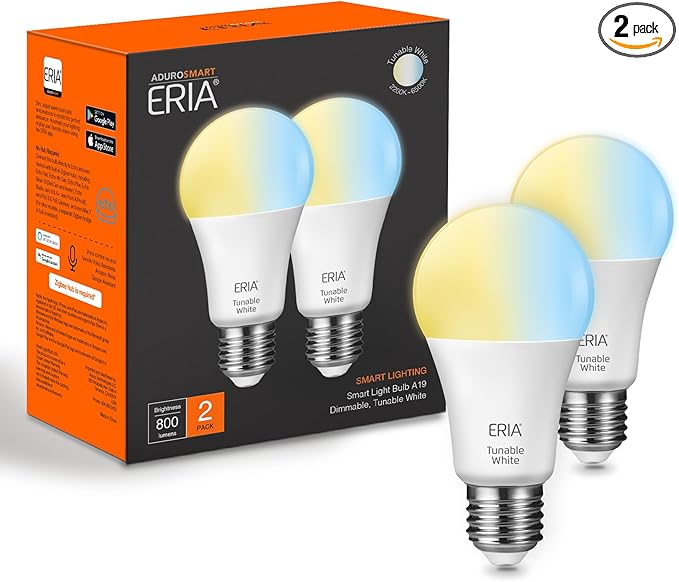 ERIA Smart Light Bulbs, A19 ZigBee, Tunable White 800 Lumens, Works with Hue*, SmartThings, HA, Amazon Echo (4th Gen), Alexa, HA, Google Assistant (2-Pack)