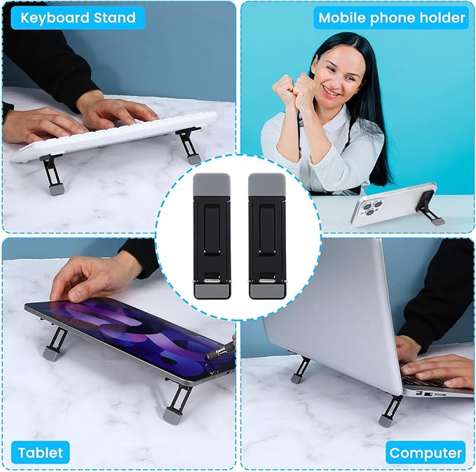 Mini Portable Laptop Stand for Desk, Portable Keyboard Riser Three Tilt Angle Adjustable Foldable Invisible Laptop Riser Self-Adhesive Computer Stand Feet for Most Keyboards (Black, 2)