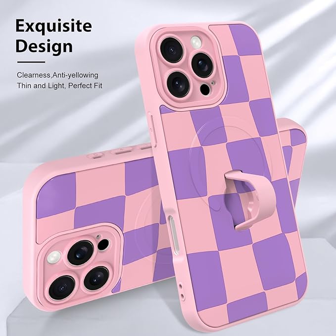 KANGHAR Compatible with iPhone 16 Pro Max Case, Support for MagSafe, Silicone Checkered Cute Pattern, Wristband Kickstand Camera Protection Soft Slim Cover for Girls Women -Pink