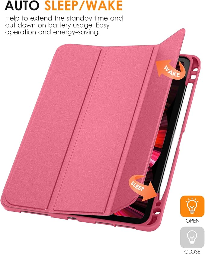 DTTO for iPad Pro 11 inch 4th/3rd/2nd/1st Generation 2022/2021/2020/2018 Case, Smart Slim Trifold Stand Soft TPU Back Cover with Built-in Pencil Holder, Also Fit iPad Air 5/4,Rose Red