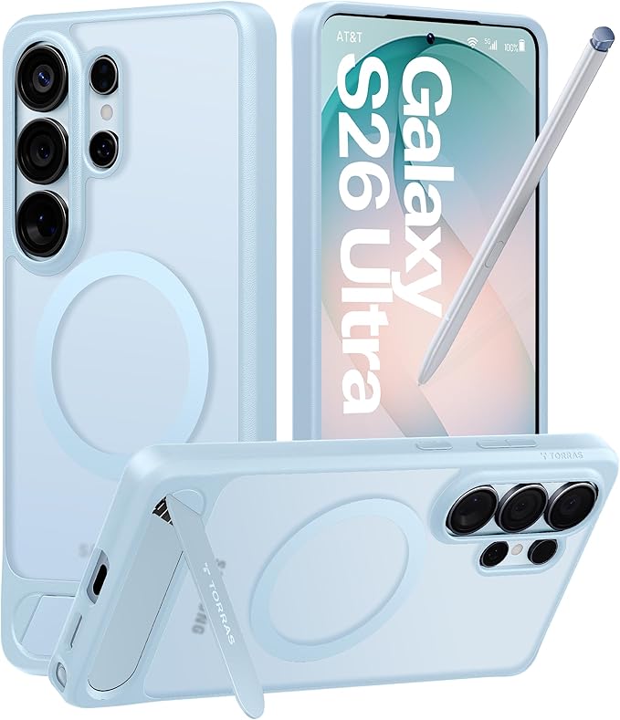 TORRAS Strong Magnetic & Seamless Stand for Samsung Galaxy S26 Ultra Case, Fit for MagSafe, Mil-Grade Drop Protection, Kickstand for Samsung Galaxy S26 Ultra Case, Translucent Back/Sky Blue Edge