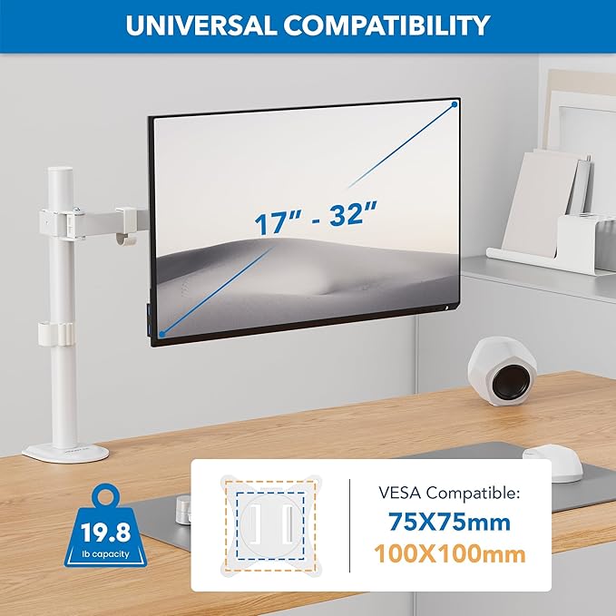 Mount-It! Single Monitor Arm 17" to 32", Full Motion Adjustment with Tilt, Rotation, Swivel, Height Adjustment Along Pole, Clamp or Grommet Mounting, Monitor Desk Mount VESA 75x75 and 100x100, White