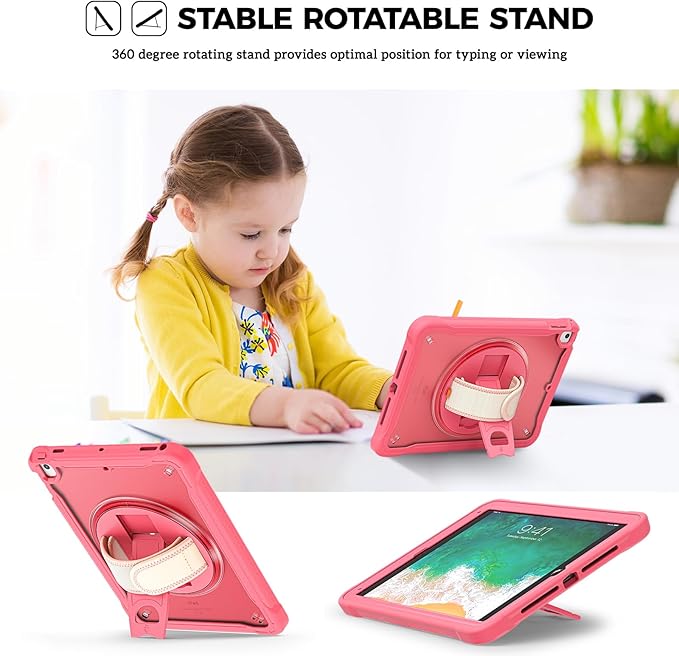ProCase Rugged Case for iPad 9.7 Inch 5th 6th Gen/iPad Air 2 / iPad Pro 9.7 Case, Heavy Duty Shockproof Rugged Cover with Hand Strap 360 Degree Rotatable Kickstand Protective for iPad 9.7" -Melonpink
