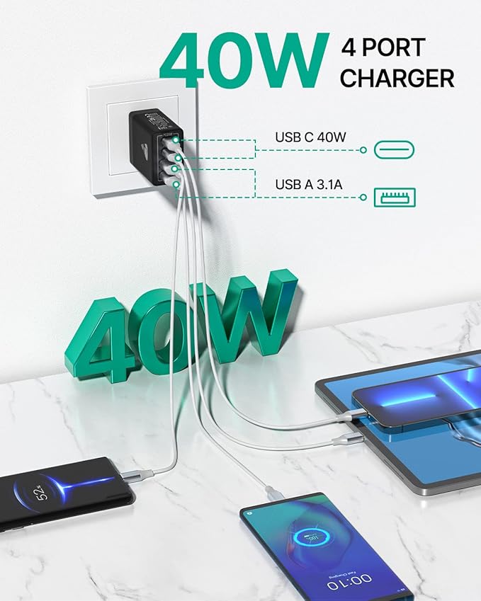USB C Charger Block, 40W USB C Wall Charger PD+QC 3.0 Double Port Power Adapter, 4-Port Multiport Fast Charging Block Plug for iPhone 15 Plus 14 13 12 11 Pro Max XS XR X 8 7 6 SE, iPad, Samsung, Moto