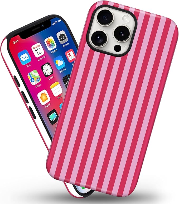 Magnetic for iPhone 15 Pro Case Cute Stripes Phone Case, Shockproof Slim TPU and Hard PC Protective Phone Cover Compatible with MagSafe Designed for Women Girls, Red and Pink
