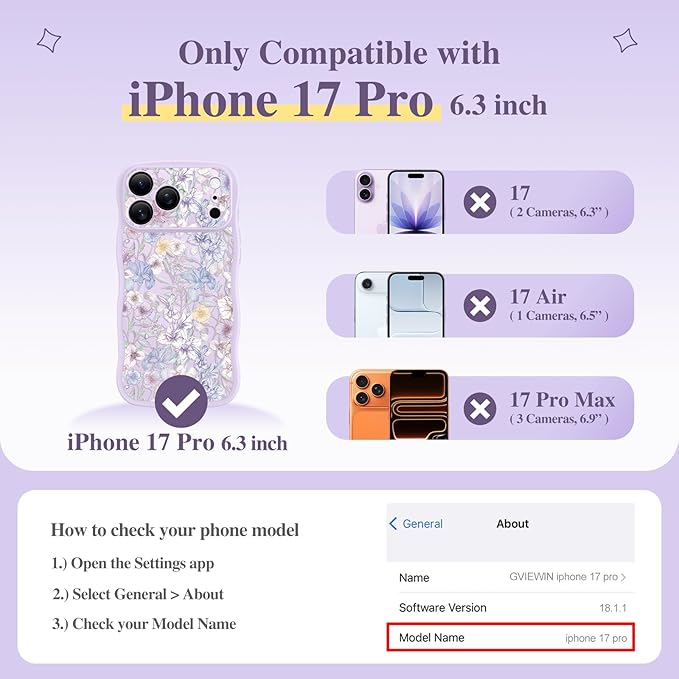 GVIEWIN for iPhone 17 Pro Case Compatible with MagSafe [Curly Wave Edge][Full Camera Protection] Floral Translucent Shockproof Magnetic Women Phone Case for iPhone 17 Pro 6.3'', Apricot Blossom/Purple
