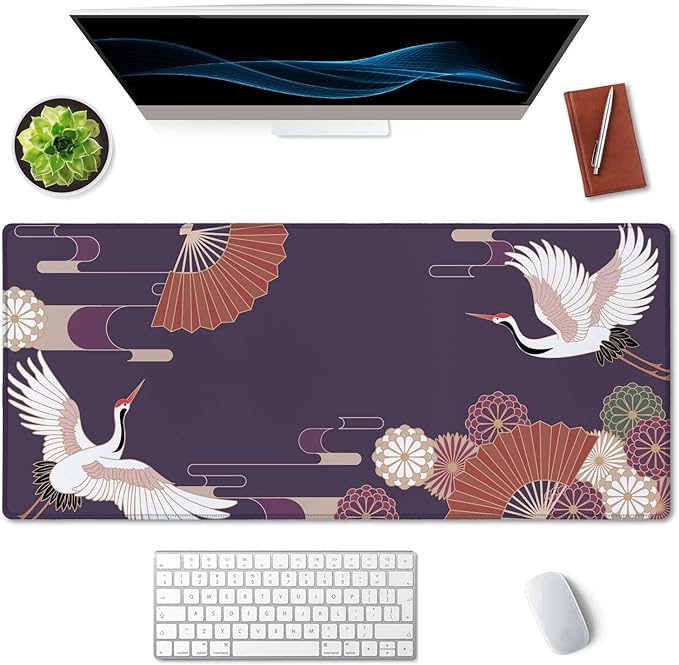 SSOIU Vintage Japanese Style Crane Birds Desk Mat, Purple, 35.5" x 15.7"