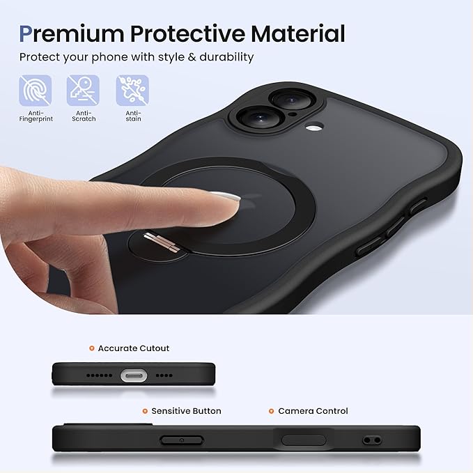 CAPRARO for iPhone 16 Plus Case with 360° Spin Magnetic Stand for Women, [Compatible with MagSafe] [Full Camera Protection] Cute Wave Translucent Matte Case for iPhone 16 Plus, Black