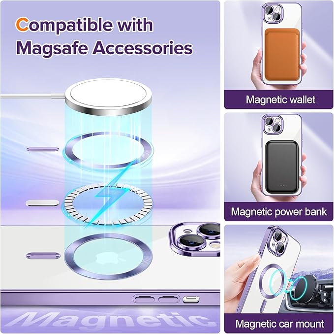 Hython Magnetic Clear for iPhone 13 Case with Camera Lens Protector [Compatible with MagSafe] Luxury Plating Edge Slim Soft TPU Cover Protective Phone Case for iPhone 13 6.1", Light Purple