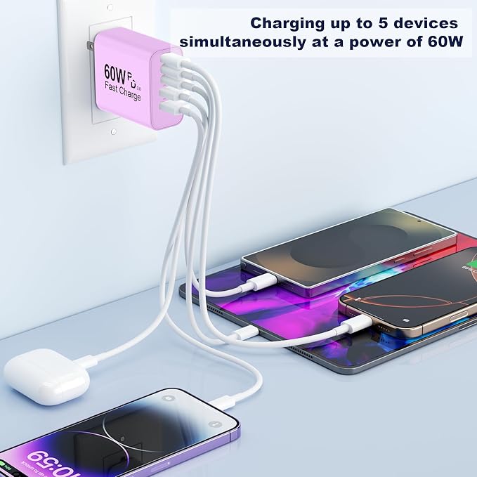 USB C Charger Block, 60W 5 in 1 Charging Blocks, PD 3.0 Fast Charger, QC 2A Purple Wall Plug Multiport Type C Charging Block for iPhone 17 16 15 14 13 12 Pro Max, iPad, iPod, Samsung, AirPods Pro