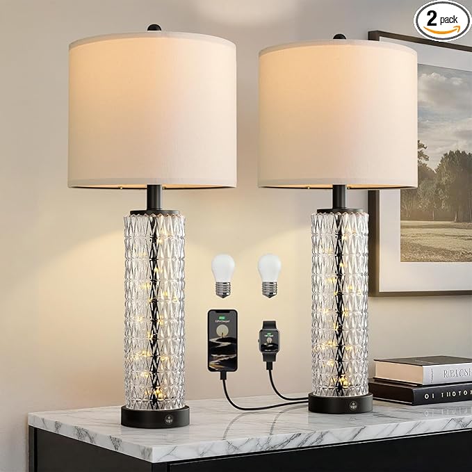 Oneach 27.75” Table Lamps Set of 2, Black Modern Bedside Lamp with LED Night Light, USB A+C, Glass Lamps for Living Room, Bedroom, Nightstand, Office, End Table (2 Bulbs Included)