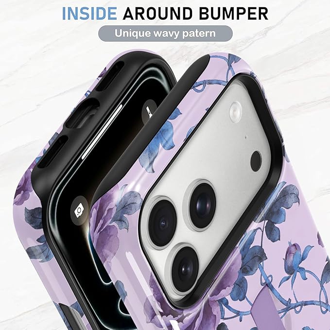 KANGHAR Compatible with iPhone 17 Pro Max Case, Support for MagSafe, Silicone Flower Floral Cute Pattern, Wristband Kickstand Camera Protection Soft Slim Phone Case for Girls Women -Purple