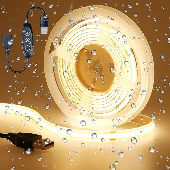DC 5V USB COB LED Strip Light Warm White 3000K Dimmable IP65 Waterproof CRI 93+ USB Powered 6.6ft/2M 640LEDs High Brightness Flexible LED Tape Lights