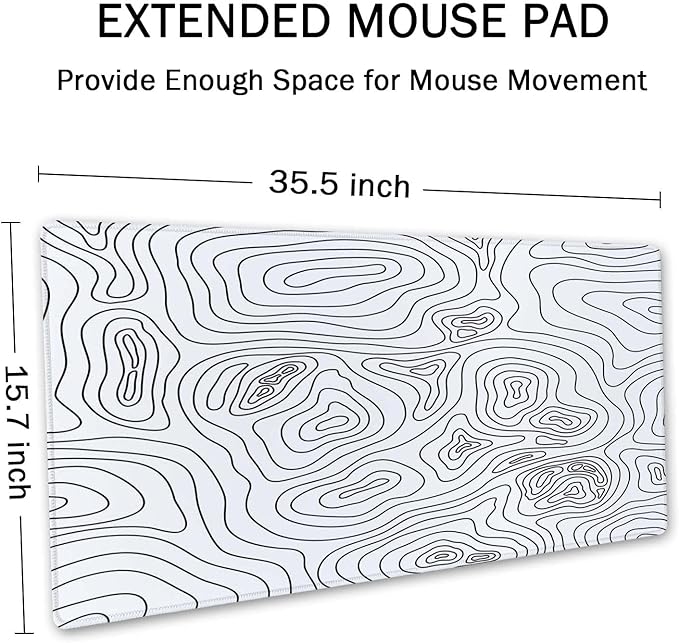 SSOIU White Topographic Desk Mat - Extended Gaming Mouse Pad (35.5x15.7 in), Large Non-Slip Rubber Base with Stitched Edges