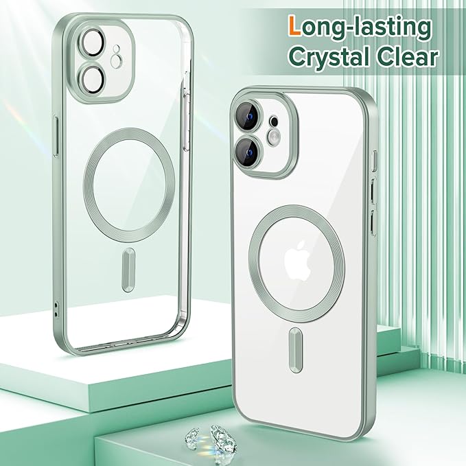 Hython Magnetic Clear for iPhone 12 Case with Camera Lens Protector [Compatible with MagSafe] Luxury Plating Edge Slim Soft TPU Cover Protective Phone Case for iPhone 12 6.1", Matte Mint