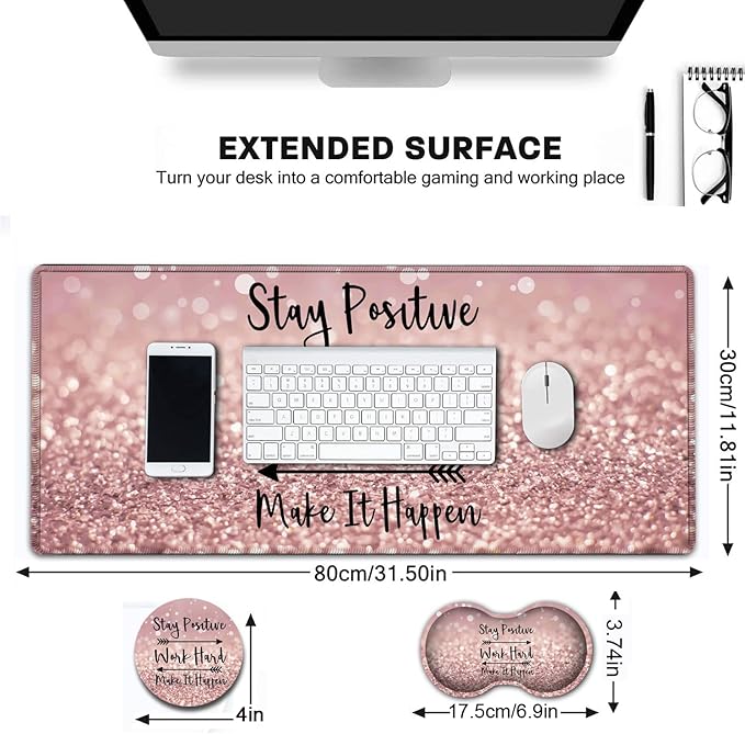 Large Gaming Mouse Pad,Extended Waterproof Desk Pad Protector (31.5" x 11.8") Ergonomics Memory Foam Mouse Wrist Rest Support,for Home Office Laptop,Hard Work Inspirational Quotes Pink Gilt Mouse Mat