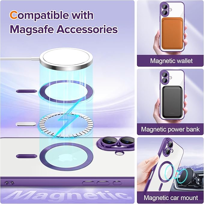 Hython Magnetic Clear for iPhone 16 Case with Camera Lens Protector [Compatible with MagSafe] Luxury Plating Edge Slim Soft TPU Cover Protective Phone Case for iPhone 16 6.1", Matte Purple