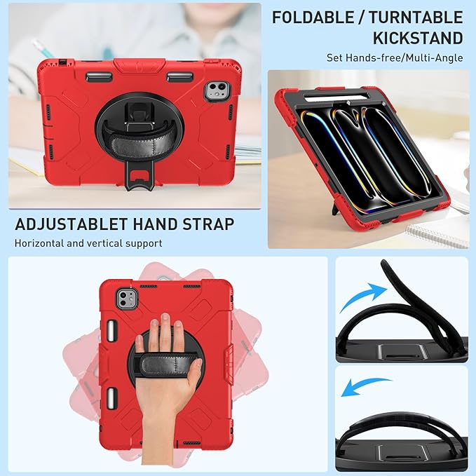 SUPFIVES 2025/2024 iPad Pro 11 Inch Case M5 (6th Generation), with Screen Protector/Shoulder Strap/Pencil Holder/Handle/Rotating Stand, Red