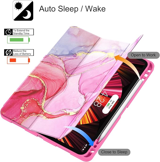 Soke for iPad Pro 11 Case (M2) 2022/2021/2020 with Pencil Holder - [Full Body Protection + Apple Pencil Charging + Auto Wake/Sleep], Soft TPU Back Cover for 2022 iPad Pro 11 inch(Hot Pink Marble)