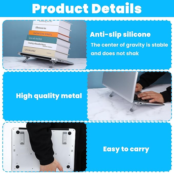 Mini Portable Laptop Stand for Desk, Portable Keyboard Riser Three Tilt Angle Adjustable Foldable Invisible Laptop Riser Self-Adhesive Computer Stand Feet for Most Keyboards (Silver, 2)