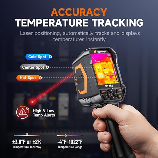 FOXWELL RT280 Thermal Imaging Camera, 320 X 240 2.8" LCD Screen Thermal Camera, TISR Resolution 240 x 180, 25Hz Handheld Infrared Cameras with Laser, PC Analysis, Photo & Video Recording, 8GB