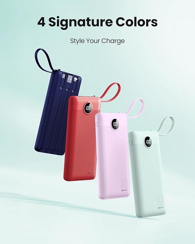 Portable Chargers 10000mAh, Slim Travel Essentials Power Bank, 5 Outputs 2 Inputs LED Display External Battery Pack with Built-in Cables Compatible with iPhone/Android & More (Teal)