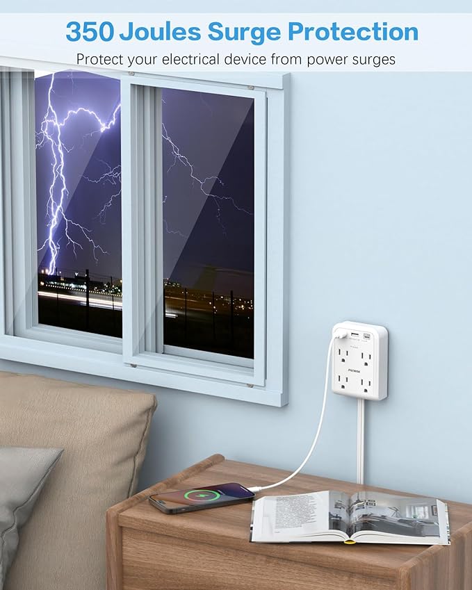 Surge Protector Power Strip, Outlet Extender Stick with USB C Ports, 4 Outlet 3 USB, Extension Cord Flat Wall Plug 6 FT, Home Office Dorm Room Essentials, White