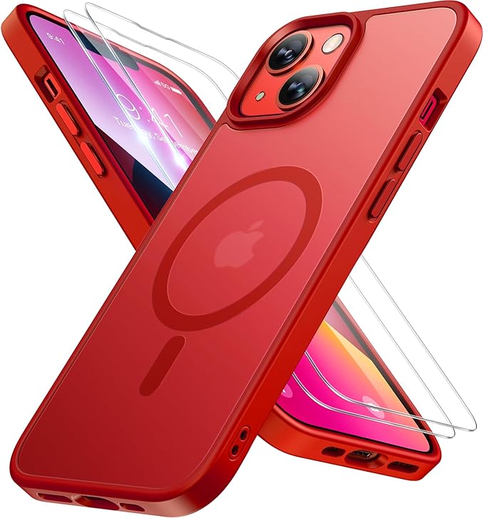 Miracase Magnetic for iPhone 14 Case 6.1 inch (Compatible with MagSafe)（with 2X Screen Protectors） Military-Grade Protection, Anti-Fingerprint Translucent Matte Phone Case Cover, Red