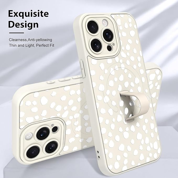KANGHAR Compatible with iPhone 15 Pro Max Case, Support for MagSafe, Silicone Speck Leopard Cute Pattern, Wristband Kickstand Camera Protection Soft Slim Cover for Girls Women -White
