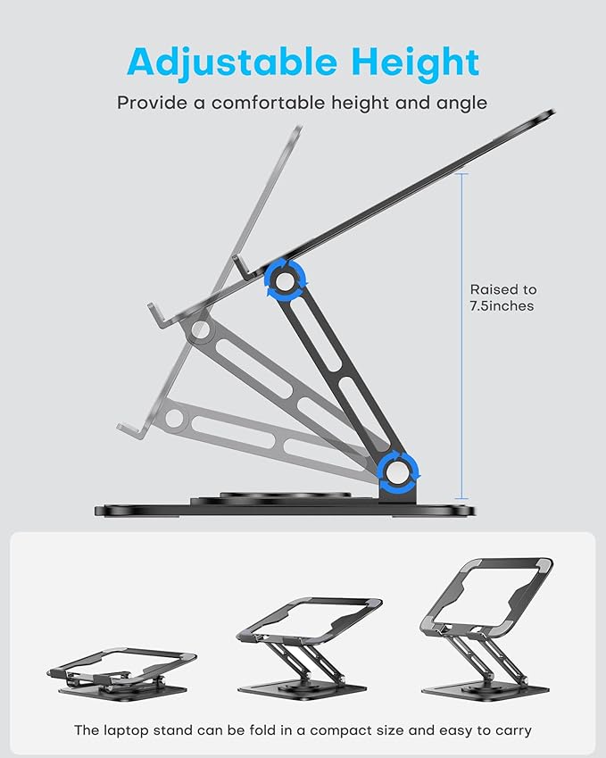 LOXP Adjustable Laptop Stand, Computer Stand with 360 Rotating Base, Ergonomic Laptop Riser Mount for Desk Foldable Protable Computer Desk Fits with MacBook Pro Air (10-16") - Black