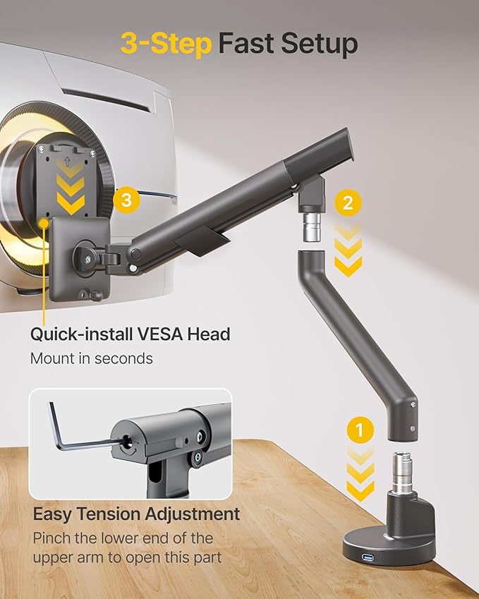 monTEK Single Monitor Arm with USB for 17-40 Inch Screens, Up to 26.4 lbs, Heavy Duty Monitor Mount with VESA Mount, Full Motion Adjustment Monitor Stand C-Clamp/Grommet Base,VESA 75/100mm, Gray
