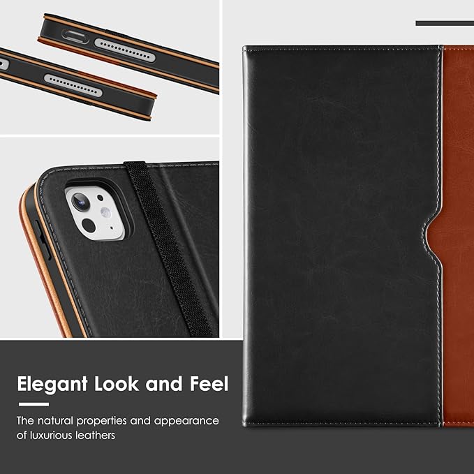 VIKESI Case for iPad Pro 13-inch M5 or M4 Released in 2025 or 2024, Leather Stand Cover with Apple Pencil Holder, Auto Wake/Sleep, Multiple Viewing Angles, Built in Hand Strap & Pocket,Black Brown