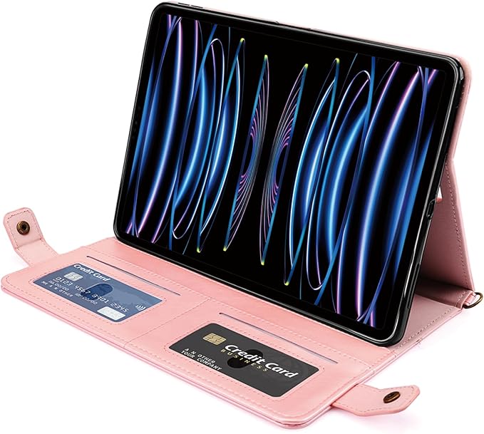 Case for iPad Pro 12.9" 2022/2021/2020, iPad Air 13" - Techcircle Folio Stand PU Leather Cover w/Hand Strap, Pencil Holder Crossbody Card Slots Envelope Pocket Wallet Case, Rose Gold