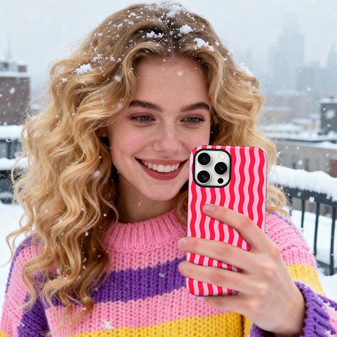Magnetic for iPhone 15 Case Cute Wavy Stripes Phone Case, Shockproof Slim TPU and Hard PC Protective Phone Cover Compatible with MagSafe Designed for Women Girls, Red