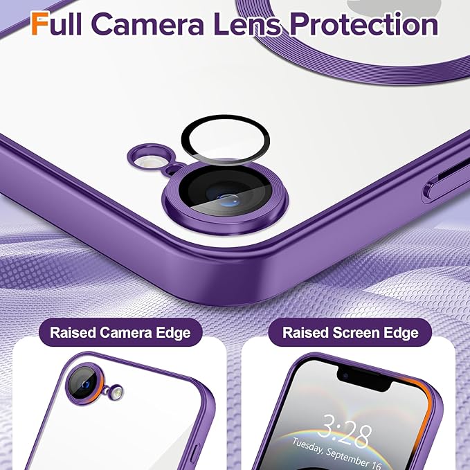 Hython Magnetic Clear for iPhone 16e Case with Camera Lens Protector [Compatible with MagSafe] Luxury Plating Edge Slim Soft TPU Cover Protective Phone Case for iPhone 16e 6.1", Matte Purple