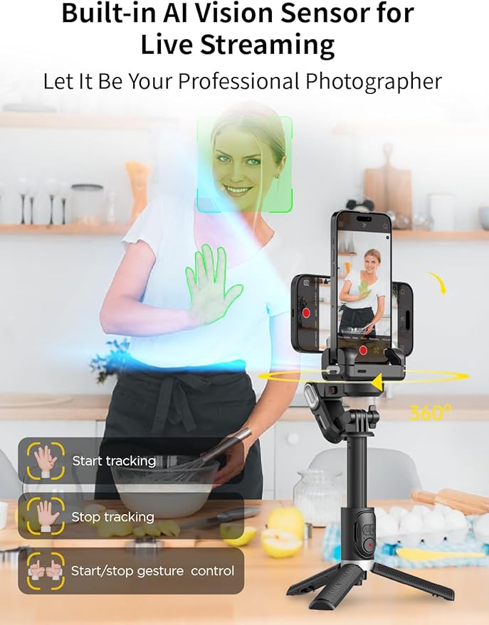 AOCHUAN Gimbal Stabilizer for Smartphone, 4 in 1 Phone Gimbal w/360° Rotation for iPhone/Andriod Sefie Stick Tripod w/Auto Face Tracking and Wireless Remote for TIK Tok YouTube Vlogging-M1 Pro Black