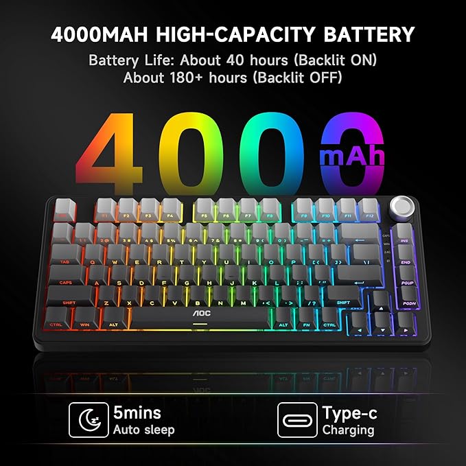 AOC GK330 Gaming Keyboard, Hot Swappable Wireless Mechanical Keyboard Support BT/2.4GHz/USB-C, RGB Backlit, Pre-lubed Reaper Switches, Anti-ghosting, 75% Gasket Custom Keyboard with Five-Layer Padding