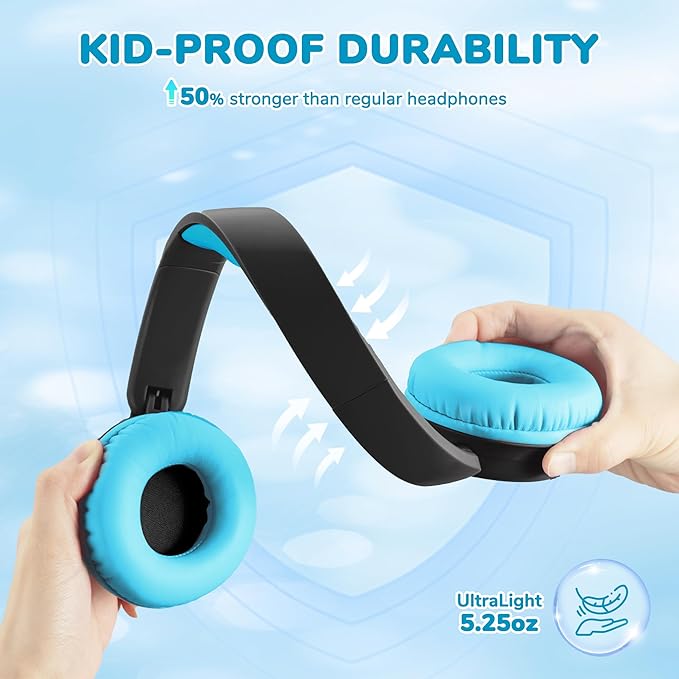 iClever BTH22 Kids Bluetooth Headphones, 60H Play Time, 74/85 dBA Safe Volume, Bluetooth 5.4, USB C, Over Ear Kids Headphones Wireless with Mic AUX Cord for iPad/Tablet/Travel/School (Black/Blue)